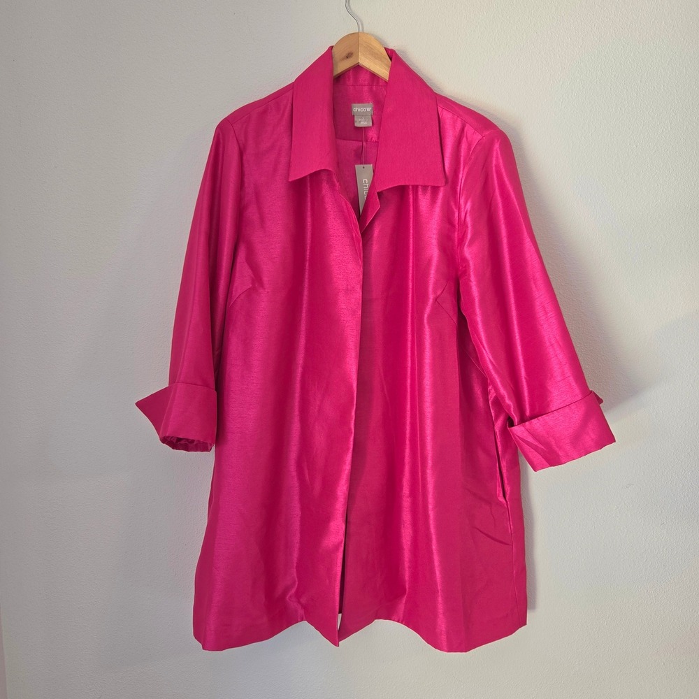 Chicos Hot Pink Shantung Topper Jacket 3/4 Sleeve Collared Open Front NWT